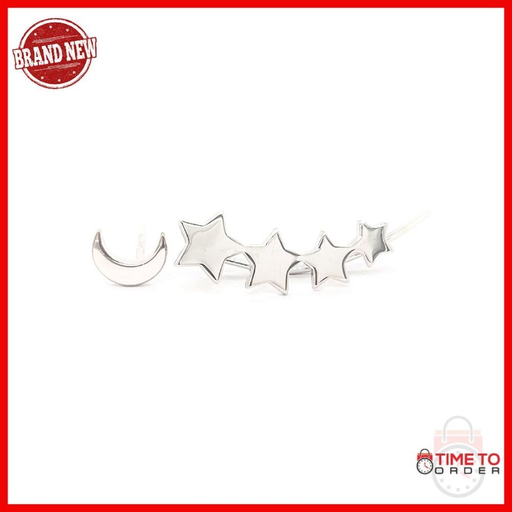 Sterling Silver Mismatched Moon Star Ear Climber Stud Earrings